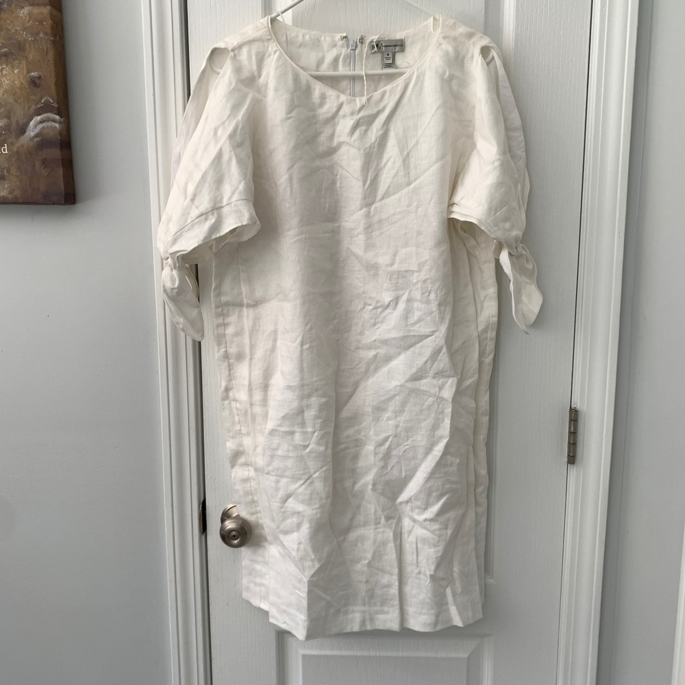 Neiman Marcus White 100% Linen Tie Cold Shoulder Shift Dress Womens Medium